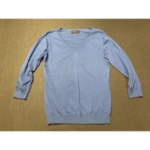 PURE COLLECTION Cotton Cashmere Blue Pullover V Neck Sweater Size 12 Fits Like 8